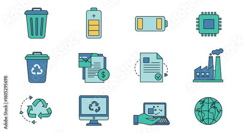 Sustainable technology: recycling, energy, and digital innovation icons