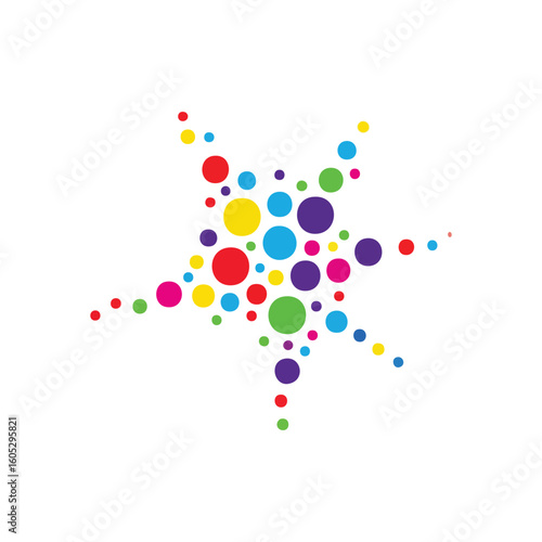Vibrant Circles Starburst Pattern. Abstract colorful bubbles creating a dynamic star shape. This joyful composition symbolizes energy, diversity, and modern creativity.