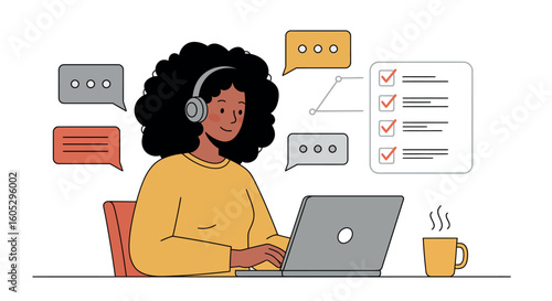 Woman working remotely on laptop with headphones and chat bubbles