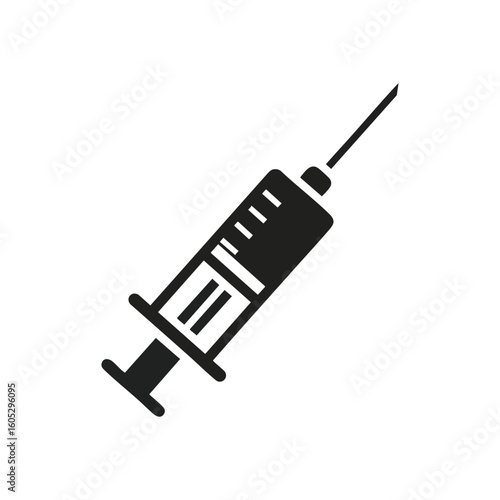 Medical Syringe Device Graphic. This minimalist icon depicts a hypodermic tool. It symbolizes healthcare, pharmaceutical solutions, immunization, and therapeutic applications.