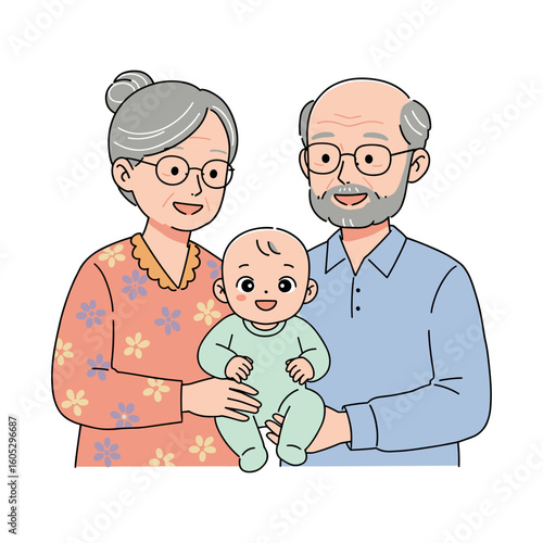 Elderly caucasian couple with baby grandchild smiling in cartoon style illustration. Vector illustration
