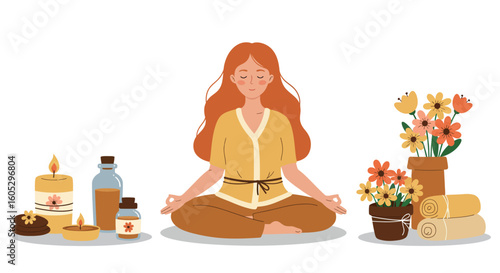 Relaxation and wellness: woman meditating with candles and flowers for mindful living