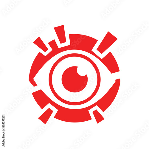 Modern Radiating Eye Icon Design. Bold red emblem portraying a futuristic optic surrounded by outward bursts. Represents advanced perception, data monitoring, and insightful awareness.