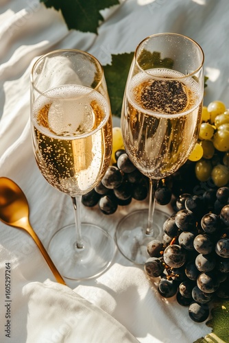 Sparkling Drink and Fresh Grapes on a Soft Cloth in Natural Light.