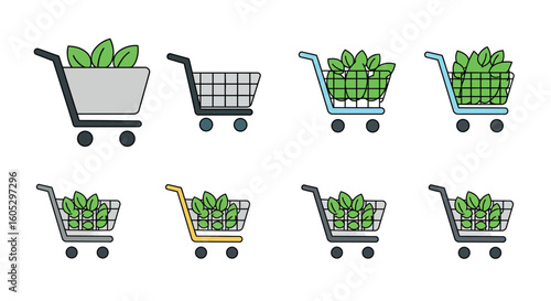 Shopping cart icons featuring plant design in diverse color styles