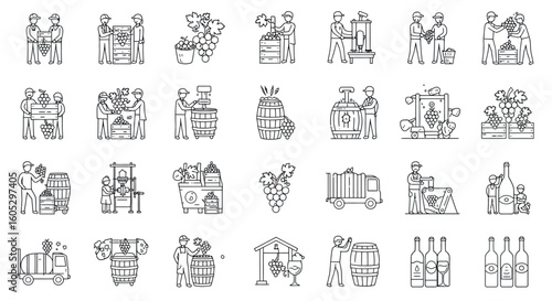 Winemaking process and equipment in linear outline style