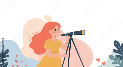 Girl with telescope in nature: exploring adventures in flat design