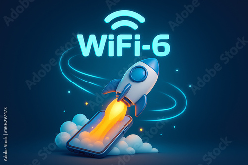 WiFi 6 speed boost with rocket launching from smartphone, high-speed internet connection and modern wireless technology concept
