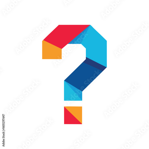 Colorful Geometric Question Mark Icon. This modern abstract query symbol, formed by vibrant folded shapes, represents curiosity, inquiry, and the pursuit of solutions. Ideal for problem-solving.
