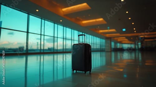 Travel Suitcase Waiting in Modern Airport Terminal During Daytime.