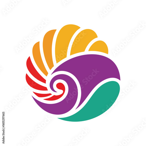 Vibrant Abstract Nautilus Icon. A striking graphic showcasing an elegant, colorful swirl, evoking a conch form. Its flowing lines and vivid hues represent vitality, evolution, and dynamic change.