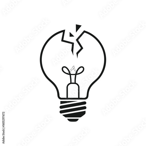 Shattered Idea Icon. This damaged lightbulb graphic on white signifies a breakdown, failed concept, or innovation challenge. It represents creative blocks, project setbacks, or unlit potential.