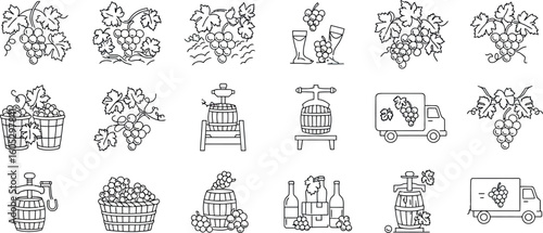 Linear wine and grapes icons: harvest, production, transport