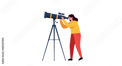 Woman observing stars with telescope in minimalist style