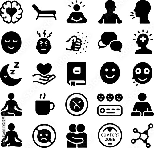 Collection of black and white icons representing mental health therapy and psychological well being concepts