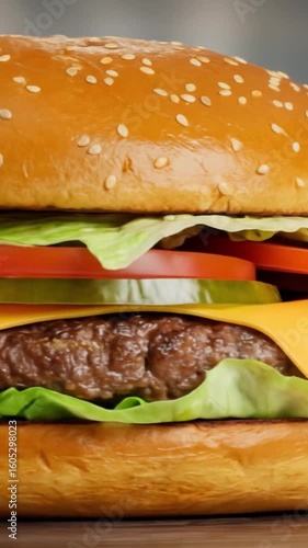 Juicy Cheeseburger with Lettuce, Tomato, and Melted Cheese in a Toasted Bun – Classic American Fast Food Favorite Served Hot and Fresh.