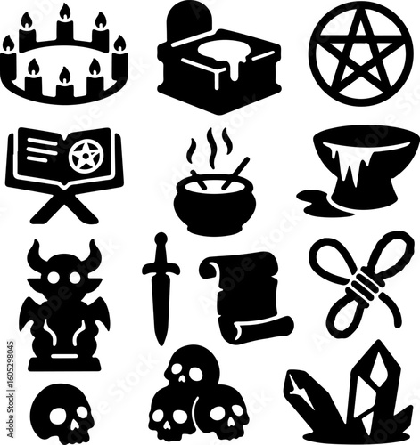 Collection of occult and mystical symbols featuring a pentagram spellbook cauldron and various ritualistic objects