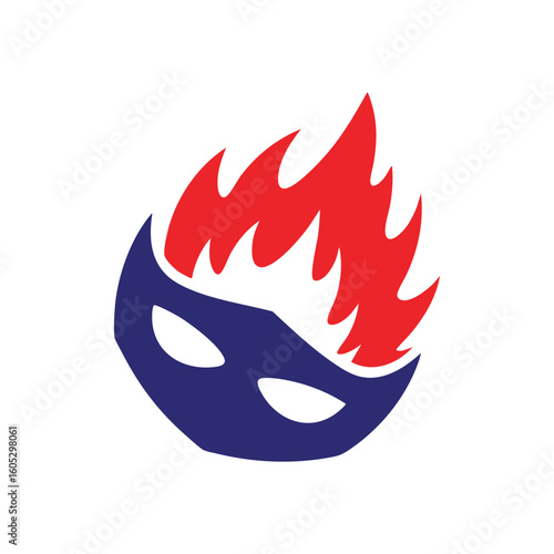 Fiery Superhero Mask Emblem. Bold illustration of a secret identity united with energetic fire. This potent symbol conveys immense power, speed, and determined resolve.