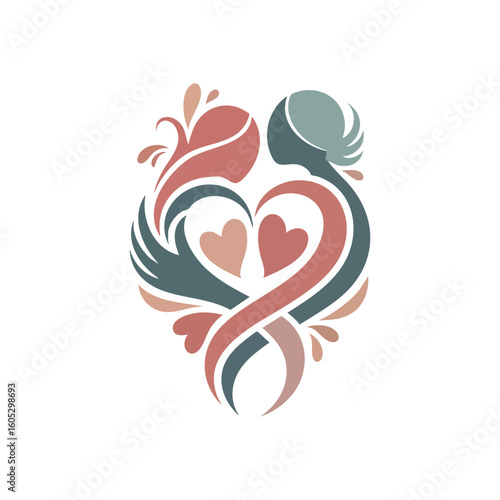 Abstract Figures Loving Hearts Bond. Artistic rendering of entwined forms with hearts, portraying deep affection, family unity, and a nurturing partnership.