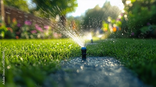 Garden Sprinkler Watering Grass in Bright Sunny Day With Flowers in Background.