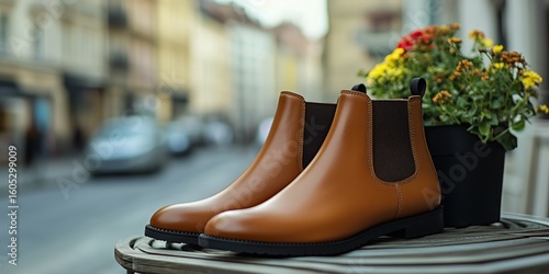 Stylish Brown Leather Boots Displayed on a Table in a Quaint Street Setting