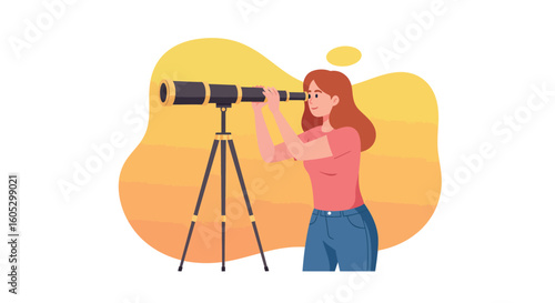 Woman using telescope for stargazing against abstract background