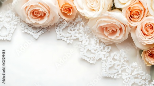 Delicate peach roses and lace on white background