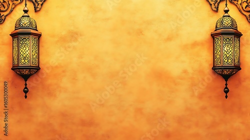 Ornate lanterns on a textured orange wall