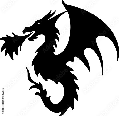 Fire breathing dragon silhouette with large wings and sharp features, symbolizing power and fantasy in dark, bold design, laser cut dragon 