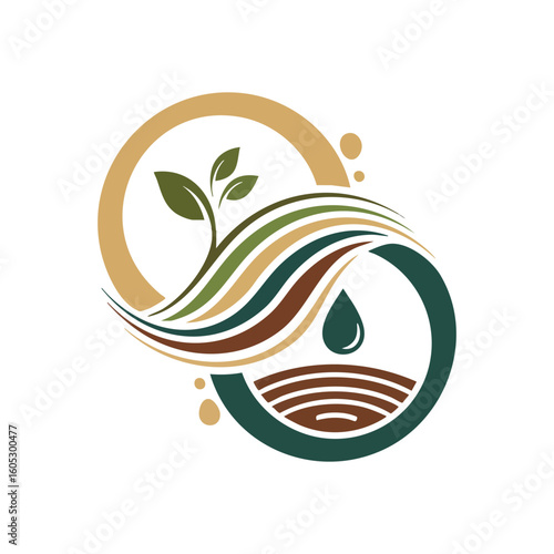 Natural Elements Growth Harmony. An ecological emblem of a sprouting plant and water droplet, signifying vital synergy of earth components for prosperous development. Represents eco-friendly.