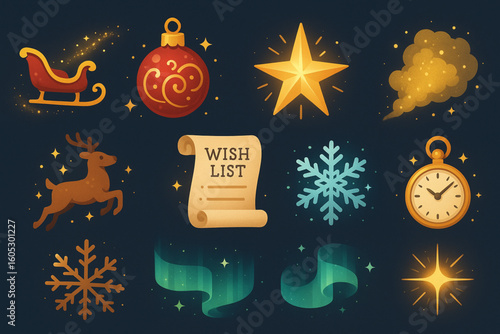 Set of Magical Christmas Icons in Flat Vector Style