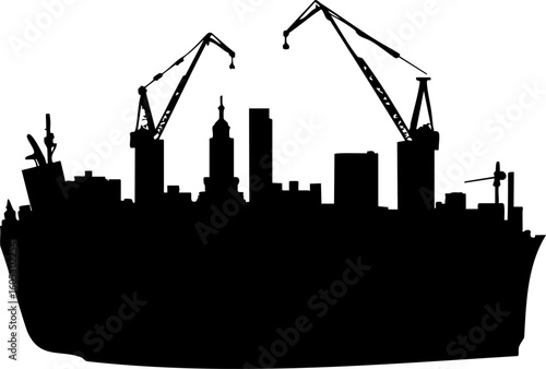 Construction site silhouette with cranes and buildings on ship deck in black