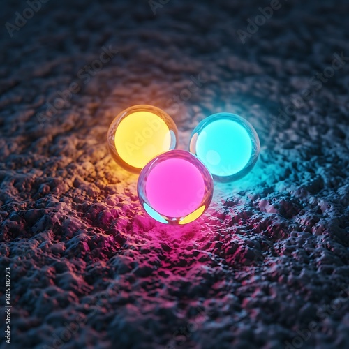 Three luminous spheres rest on a textured surface.