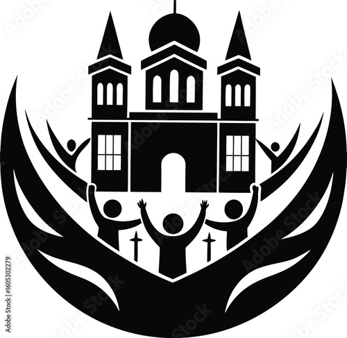 Vector art of silhouettes of people with raised hands gather in front of a church