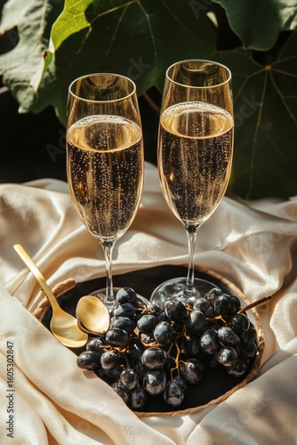 Sparkling Drink and Fresh Grapes on a Soft Cloth in Natural Light