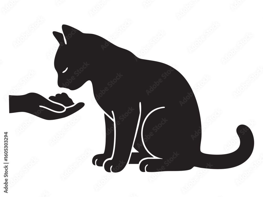 Obraz premium Black silhouette of sitting cat with outstretched hand, isolated on white background, graphic illustration. concept of pet, cute kitten, domestic animal, interaction, design element