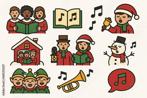 Set of Christmas Carol Icons in Flat Vector Style