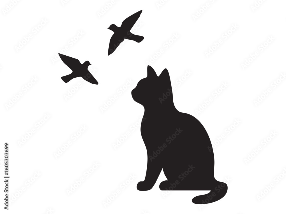 Obraz premium Black silhouette of sitting cat watching birds, isolated on white background, graphic illustration. concept of pet, cute kitten, domestic animal, wildlife, design element