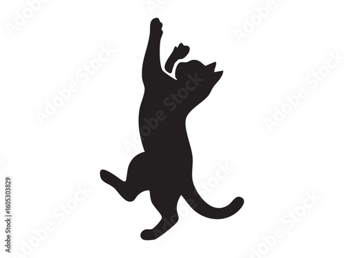 Black silhouette of playful cat leaping upward, isolated on white background, graphic illustration. concept of pet, cute kitten, domestic animal, icon, logo, design element.