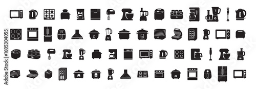 Black silhouettes of kitchen appliances icons set on white background. concept of cooking tools, household electronics, kitchen devices, culinary equipment, design elements