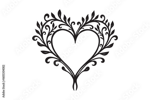 Ornate black heart shaped floral design on white background