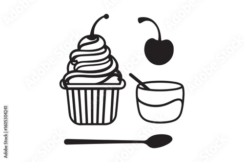 Simple hand drawn illustration of a cupcake cherries and spoon