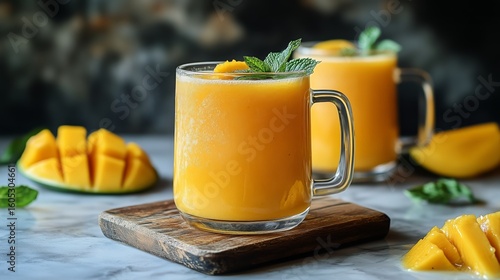 Refreshing Mango Smoothies Served in Glasses With Fresh Mint Garnish and Mang...