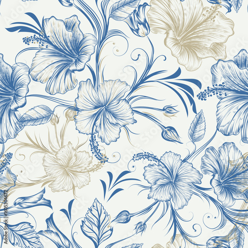 Fashion soft pastel blue floral pattern. Hibiscus plants print. Toile de jouy...