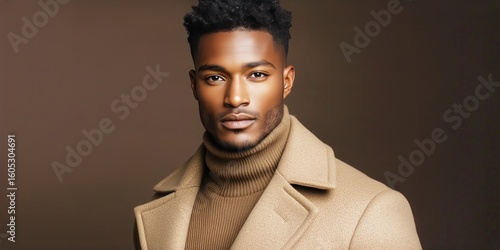 Stylish Young Man Poses Confidently in Elegant Winter Attire Against a Warm B...
