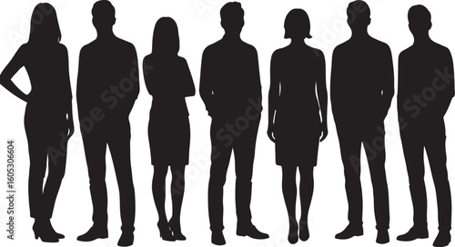 Seven people silhouette vector, diverse individuals standing together in row, black community graphic on white background, isolated social identity artwork for stock use