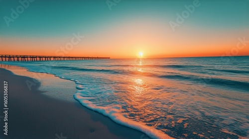 Sunset Over the Calm Ocean Waves at a Beach With a Pier in the Background Dur...