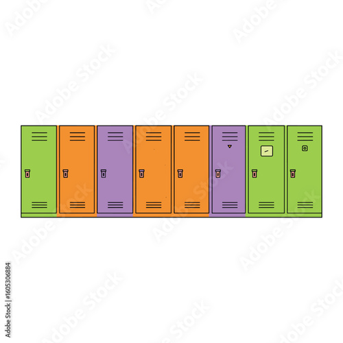 Colorful school lockers in pattern: green, orange, purple metal storage units. Vector illustration