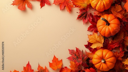 Autumn Decoration With Pumpkins and Colorful Leaves on a Neutral Background