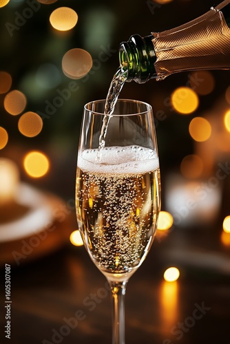 Bubbles Flowing Into a Champagne Flute During a Festive Celebration at Night